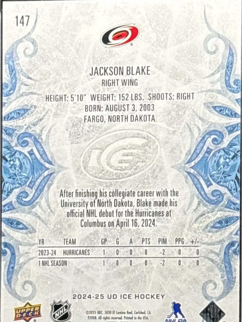 Upper Deck Carolina Hurricanes Jackson Blake Rookie Trading Card